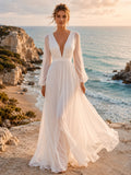 Beach V-Neck Poet Sleeve Chiffon A-Line Wedding Dress front view
