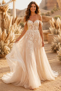 Champagne Off-the-Shoulder Floral Applique A-Line Wedding Dress with Train front view