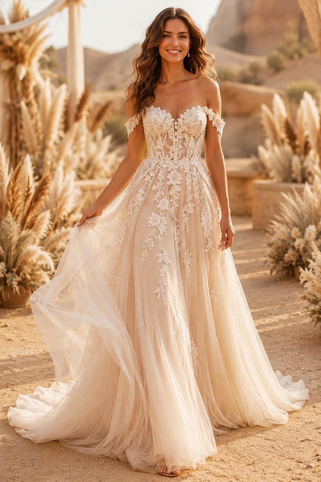 Champagne Off-the-Shoulder Floral Applique A-Line Wedding Dress with Train front view