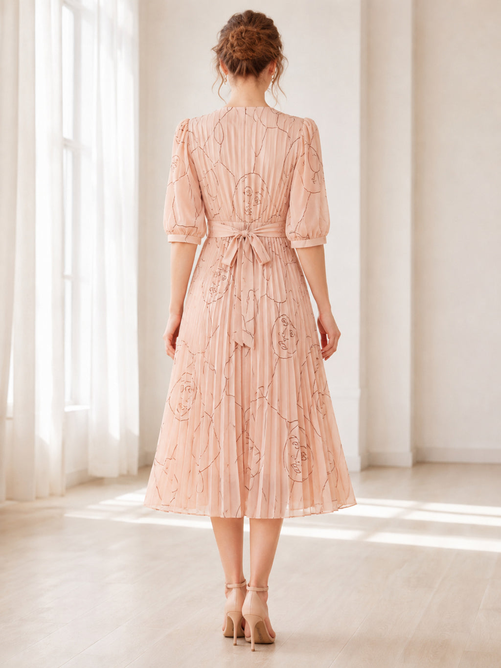 Blush Line Art V Neck Puff Sleeve Midi Dress back view