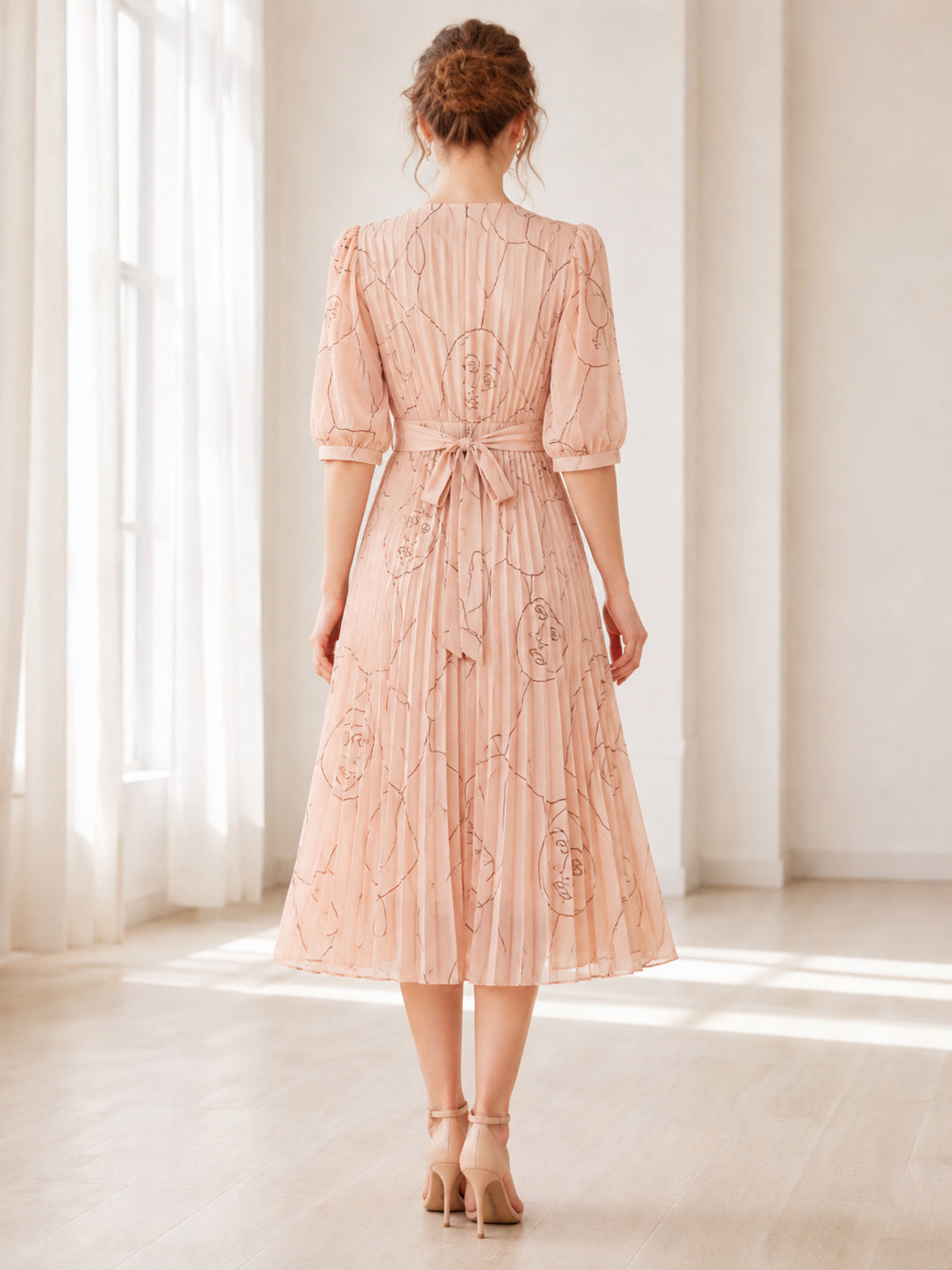 Blush Line Art V Neck Puff Sleeve Midi Dress back view