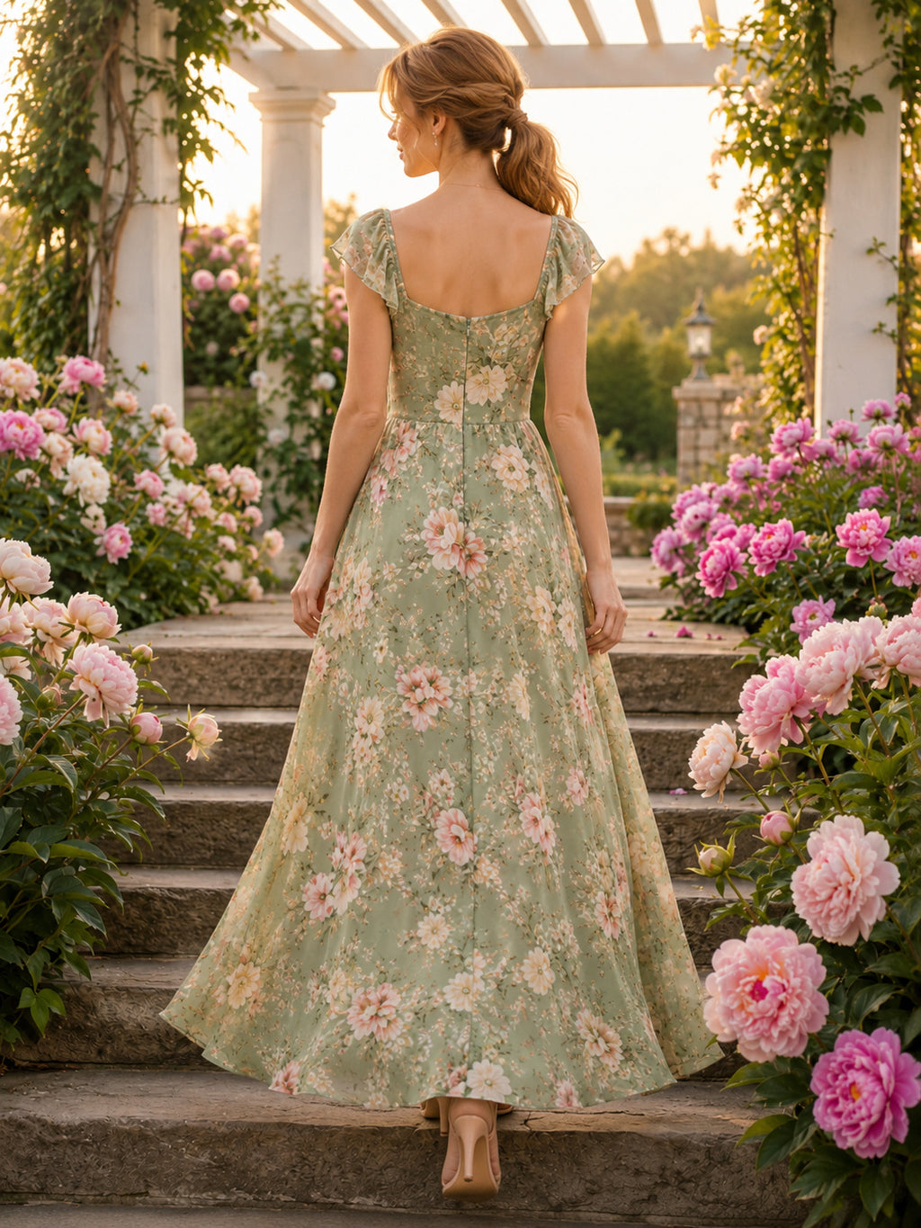 Sage Floral Sweetheart Cap Sleeve Chiffon Maxi Guest Dress back view
