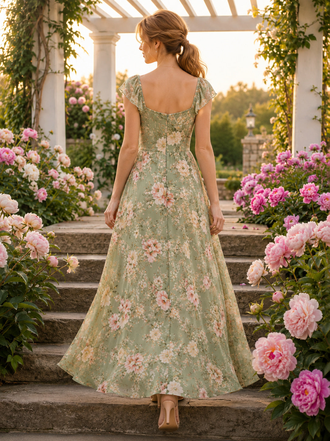 Sage Floral Sweetheart Cap Sleeve Chiffon Maxi Guest Dress back view