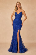 Royal Blue Spaghetti Strap Lace Sequin Mermaid Prom Dress with Slit front view
