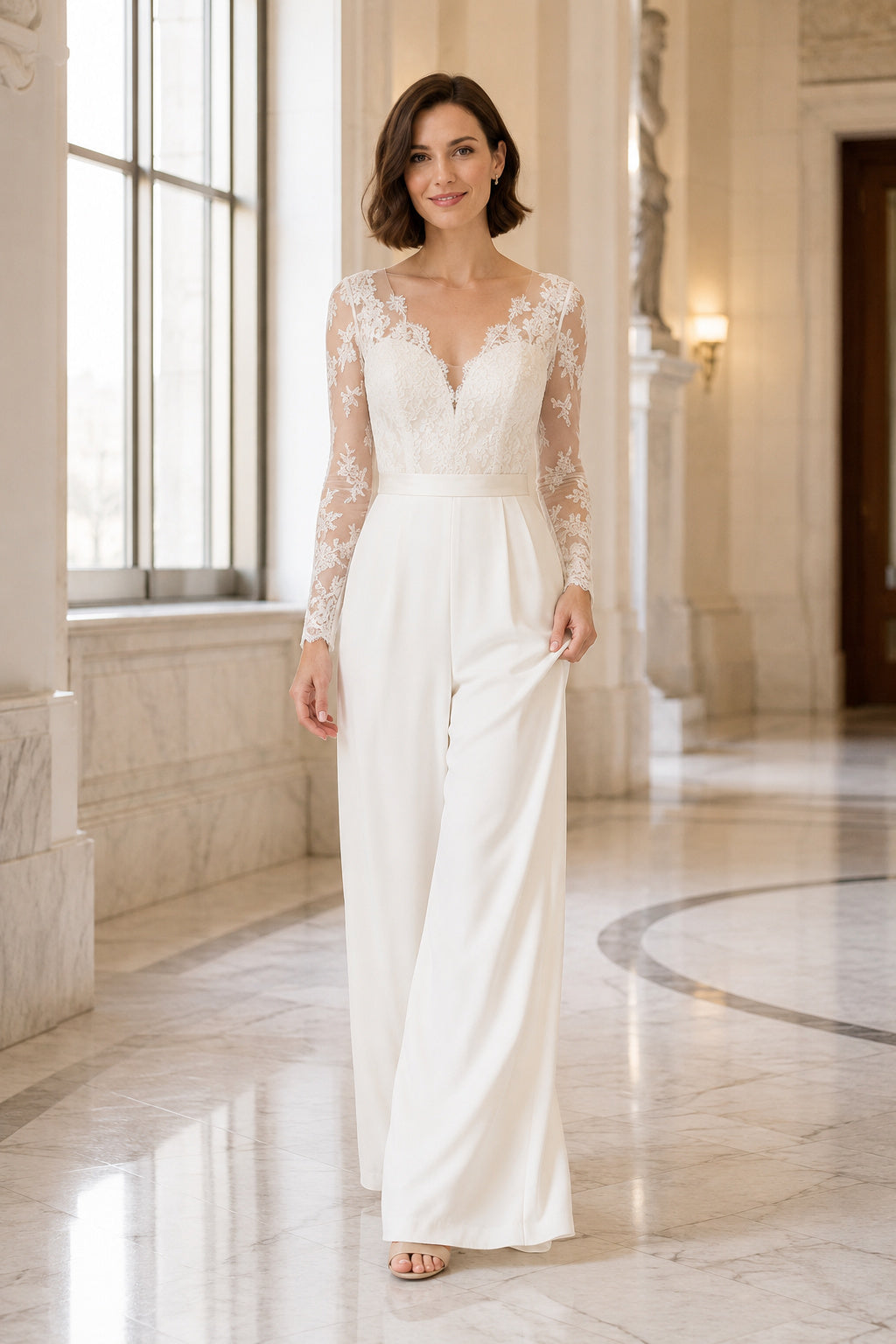 White Long Sleeve Lace Bodice Bridal Jumpsuit Style 720316 front view