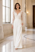 White Long Sleeve Lace Bodice Bridal Jumpsuit Style 720316 front view