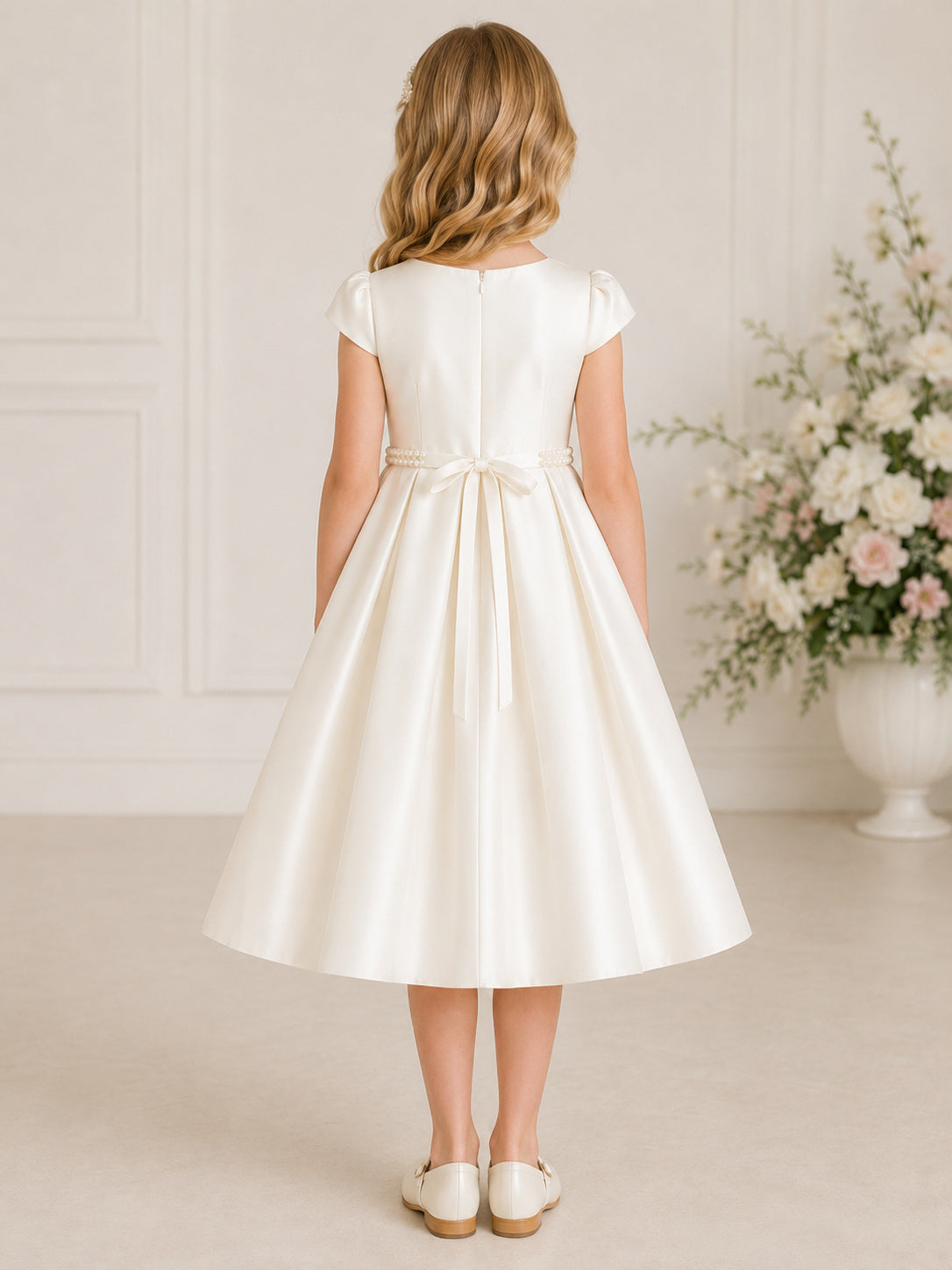 Ivory Pleated Satin Jewel Neck Short Cap Sleeve Pleated Skirt Tea Length Communion Flowergirl Dress back view