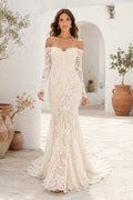 Ivory Off-the-Shoulder Long Sleeve Mermaid Lace Wedding Dress with Sweep Train front view