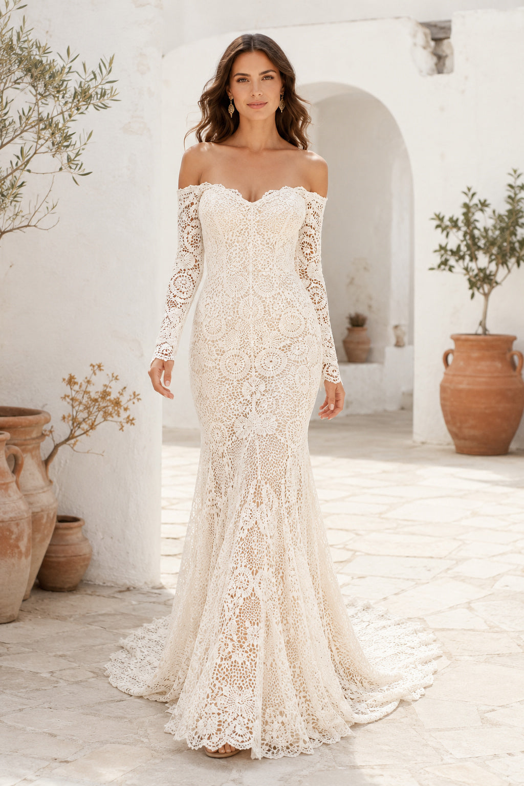 Ivory Off-the-Shoulder Long Sleeve Mermaid Lace Wedding Dress with Sweep Train front view