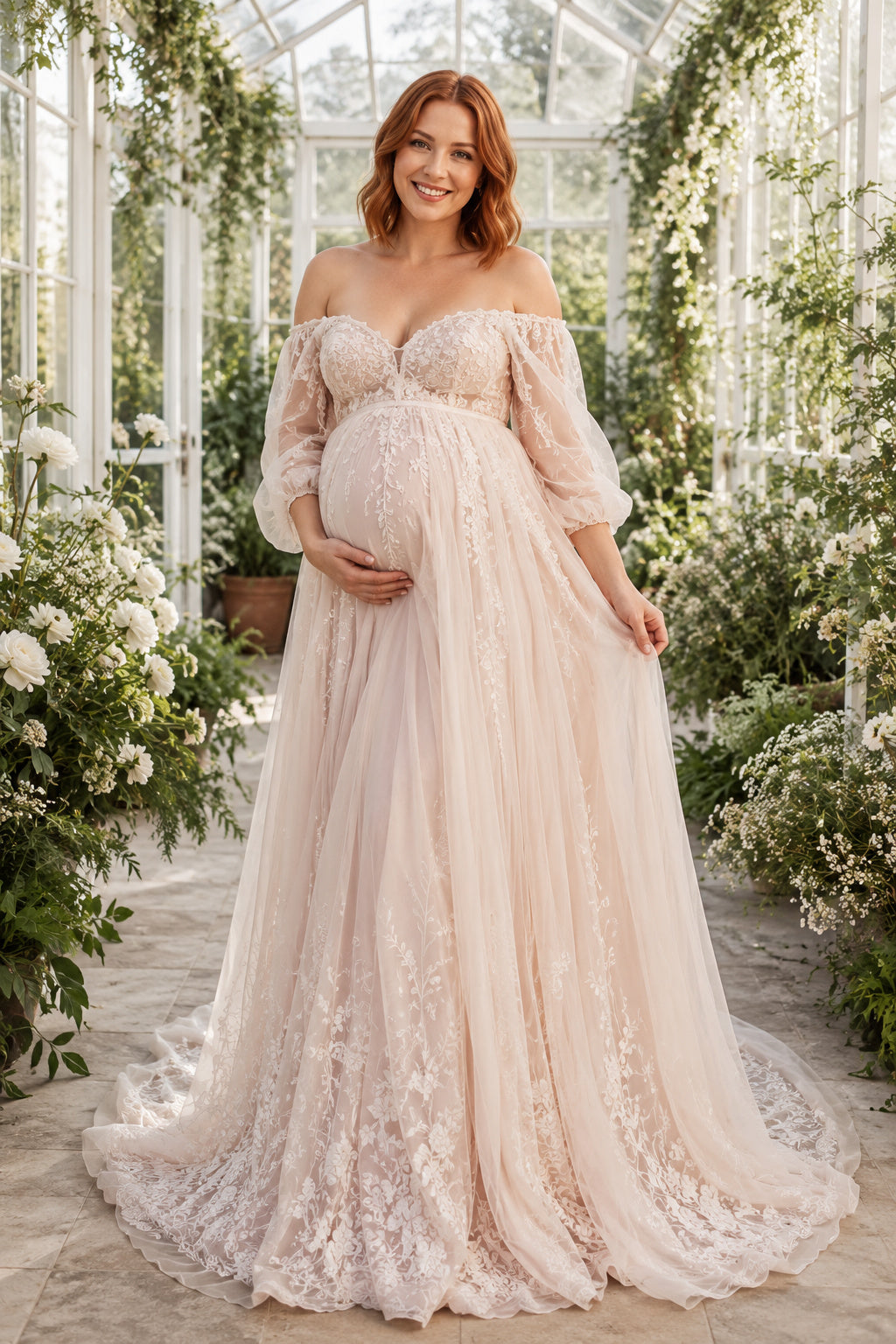Blushing Pink Off-the-Shoulder Lace Maternity Wedding Dress with Tulle Skirt front view