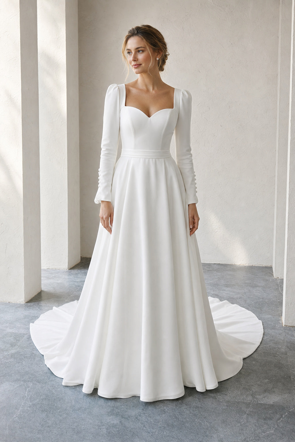 White Sweetheart Long Sleeves A-Line Satin Floor-length Wedding Dress With Pleats and Lace-up Back