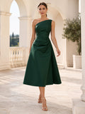 Dark Green One-Shoulder Mikado A-Line Midi Dress front view