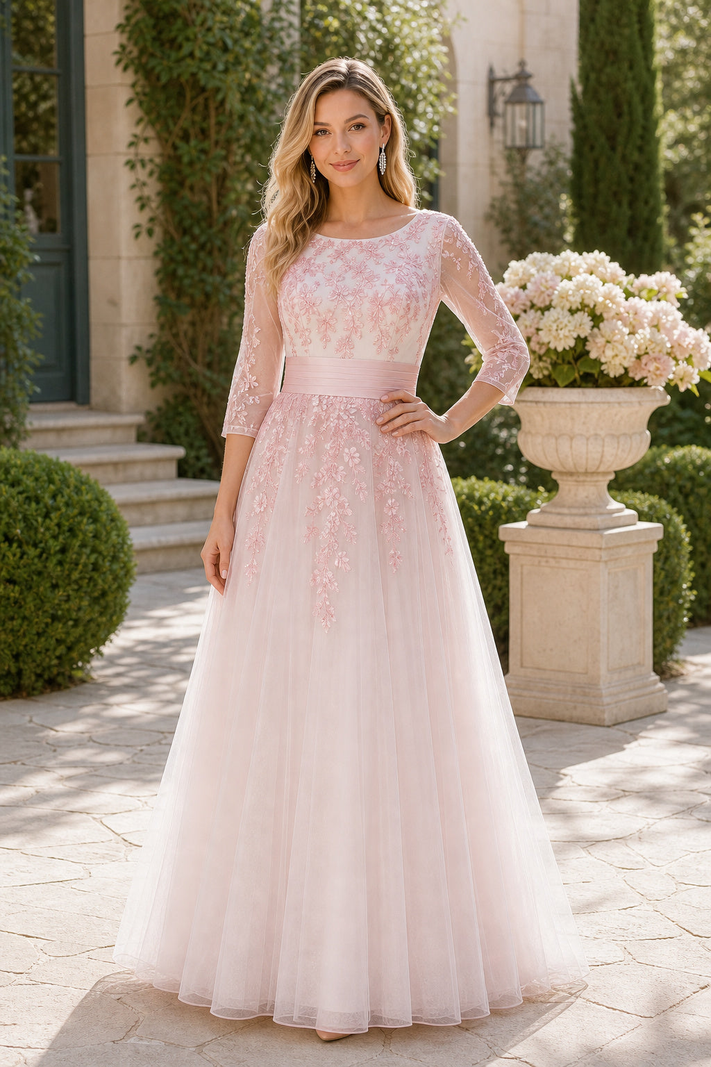 Blush Bateau Long Sleeves A-Line Tulle, Lace Floor-length Wedding Dress With Lace and Beading