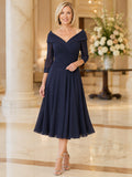Navy Off Shoulder Three Quarter Sleeve Tea Length A Line Dress front view