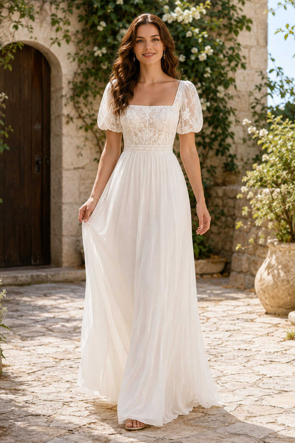 Square Neck Puff Sleeve A-Line Wedding Dress with Soft Tulle Skirt and Lace Bodice front view