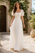 Square Neck Puff Sleeve A-Line Wedding Dress with Soft Tulle Skirt and Lace Bodice front view