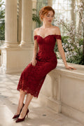 Burgundy Off-the-Shoulder Lace Tea Length Sheath Cocktail Dress for Mother of the Bride, Wedding Guest, and Formal Events fro