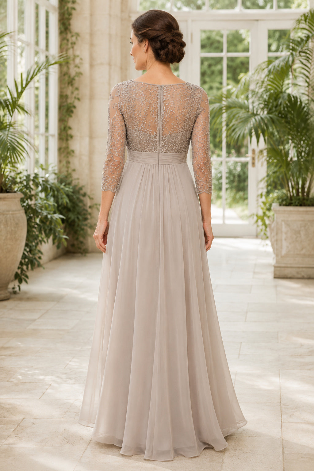 Taupe V-Neck Chiffon A-Line Mother Dress Lace Sleeves for Mother and Formal Events back view