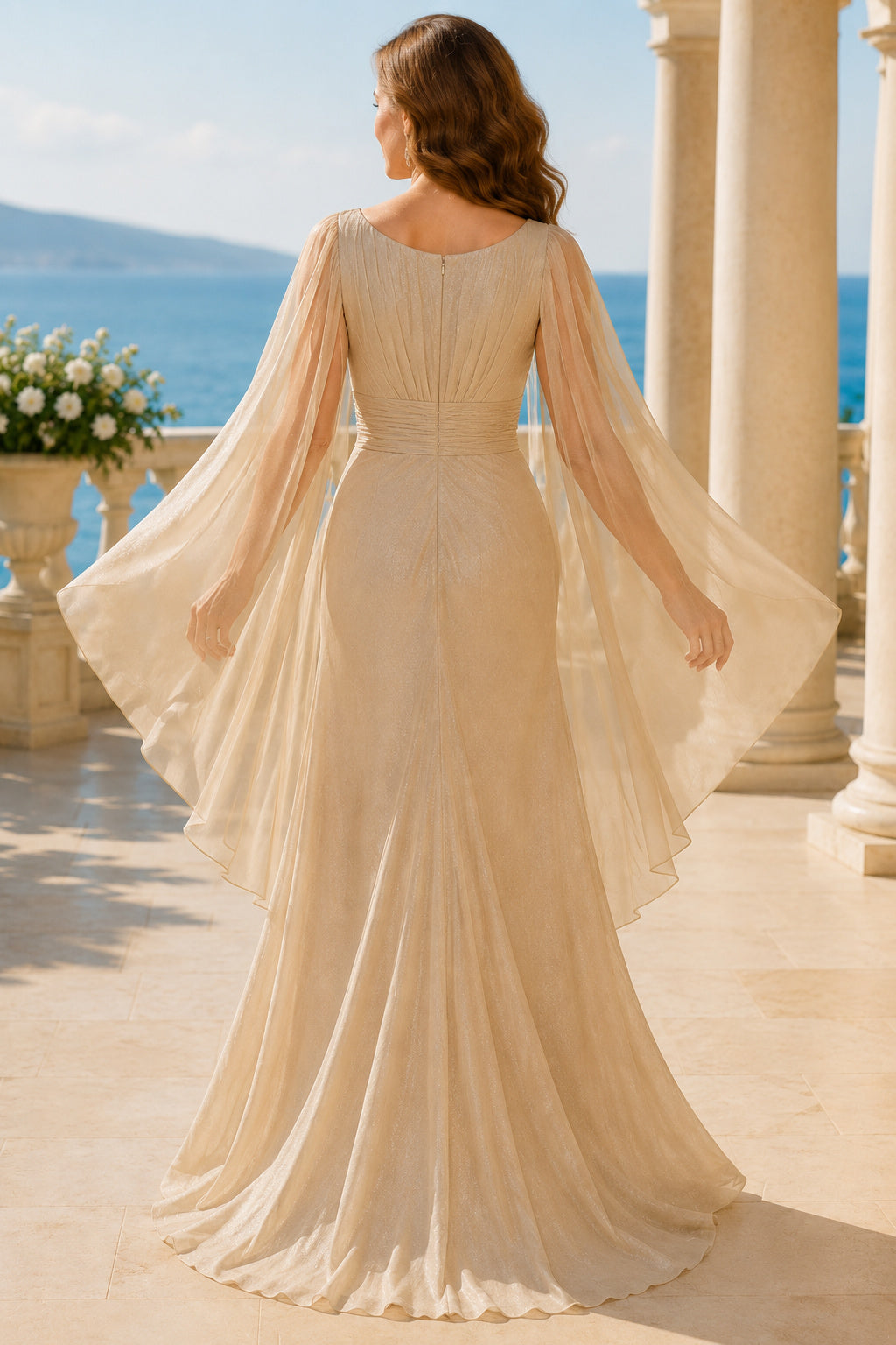 Champagne Bateau A-Line Mother Dress with Pleated Chiffon Cape Sleeves and Drape back view