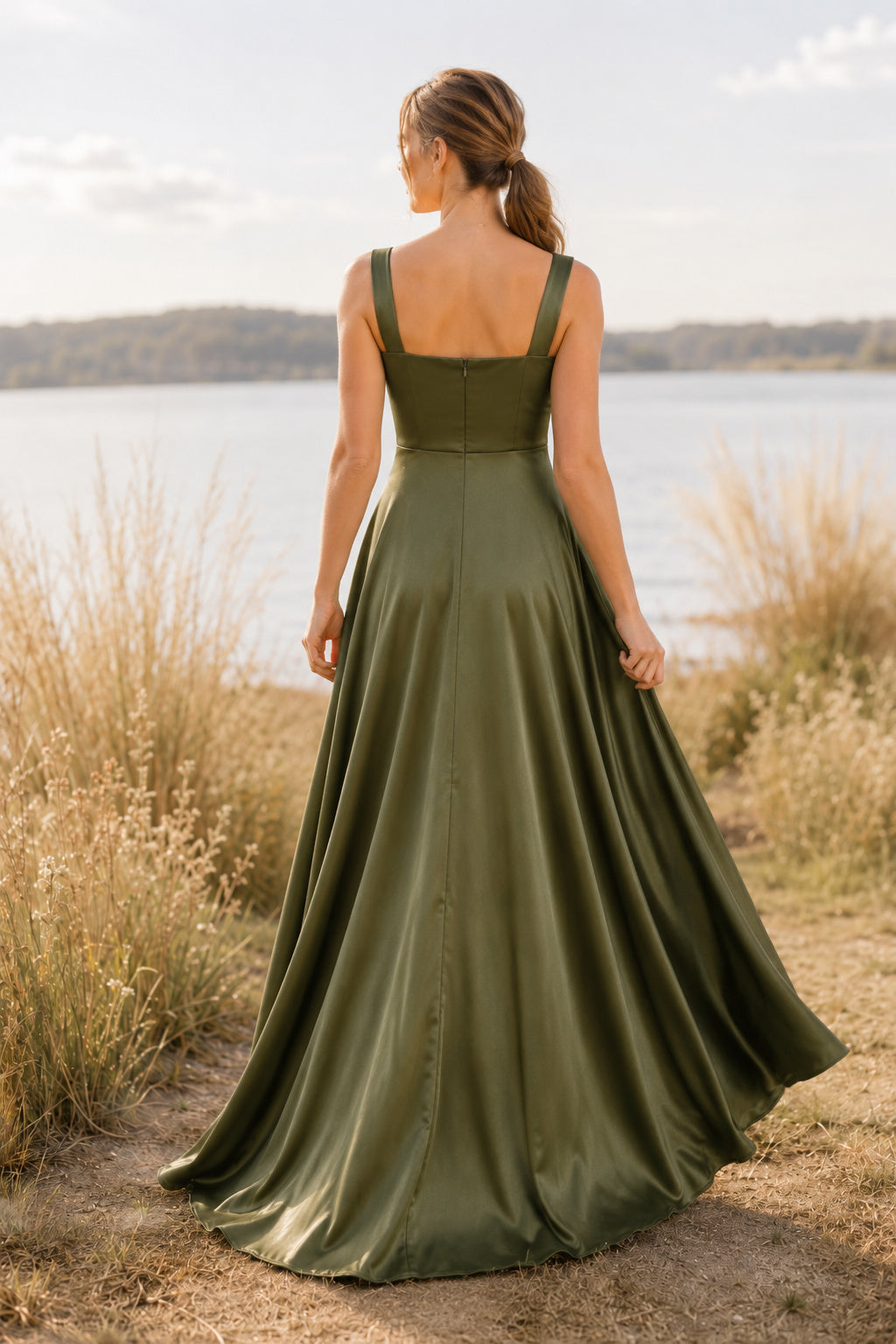 Dark Green Square Neck Satin A-Line Bridesmaid Dress with Wide Straps and Full Skirt back view