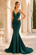 Dark Green Deep V Lace Bodice Mermaid Formal Dress with Low Back and Sweep Train front view