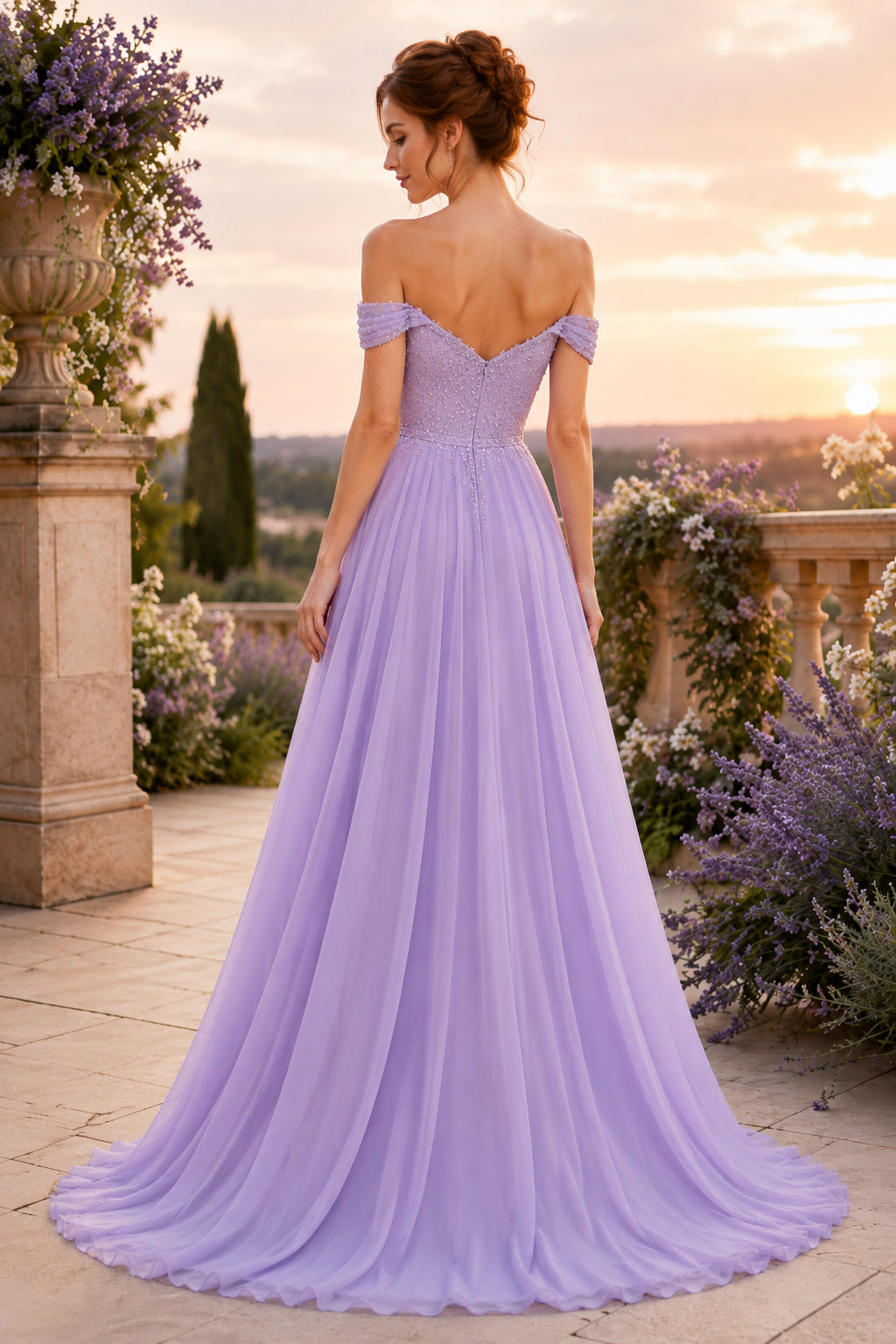 Lavender Off-the-Shoulder Chiffon A-Line Bridesmaid Dress with Floor Skirt back view