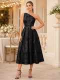 Black One-Shoulder Jacquard A-Line Tea-Length Modern Wedding Guest Dress front view