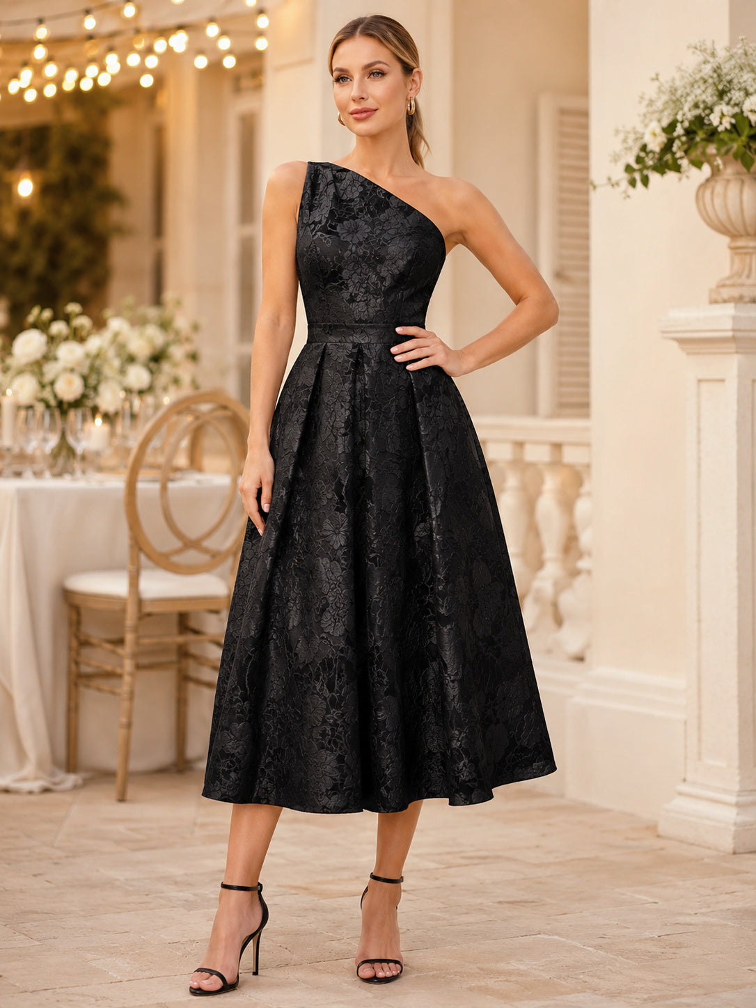 Black One-Shoulder Jacquard A-Line Tea-Length Modern Wedding Guest Dress front view