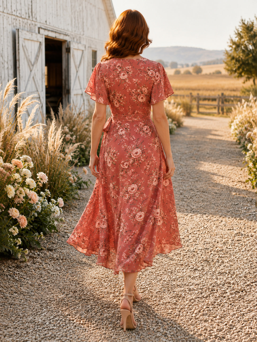 Ranch Papaya Floral V-Neck Chiffon A-Line Tea-Length Short Sleeve Wrap Dress back view