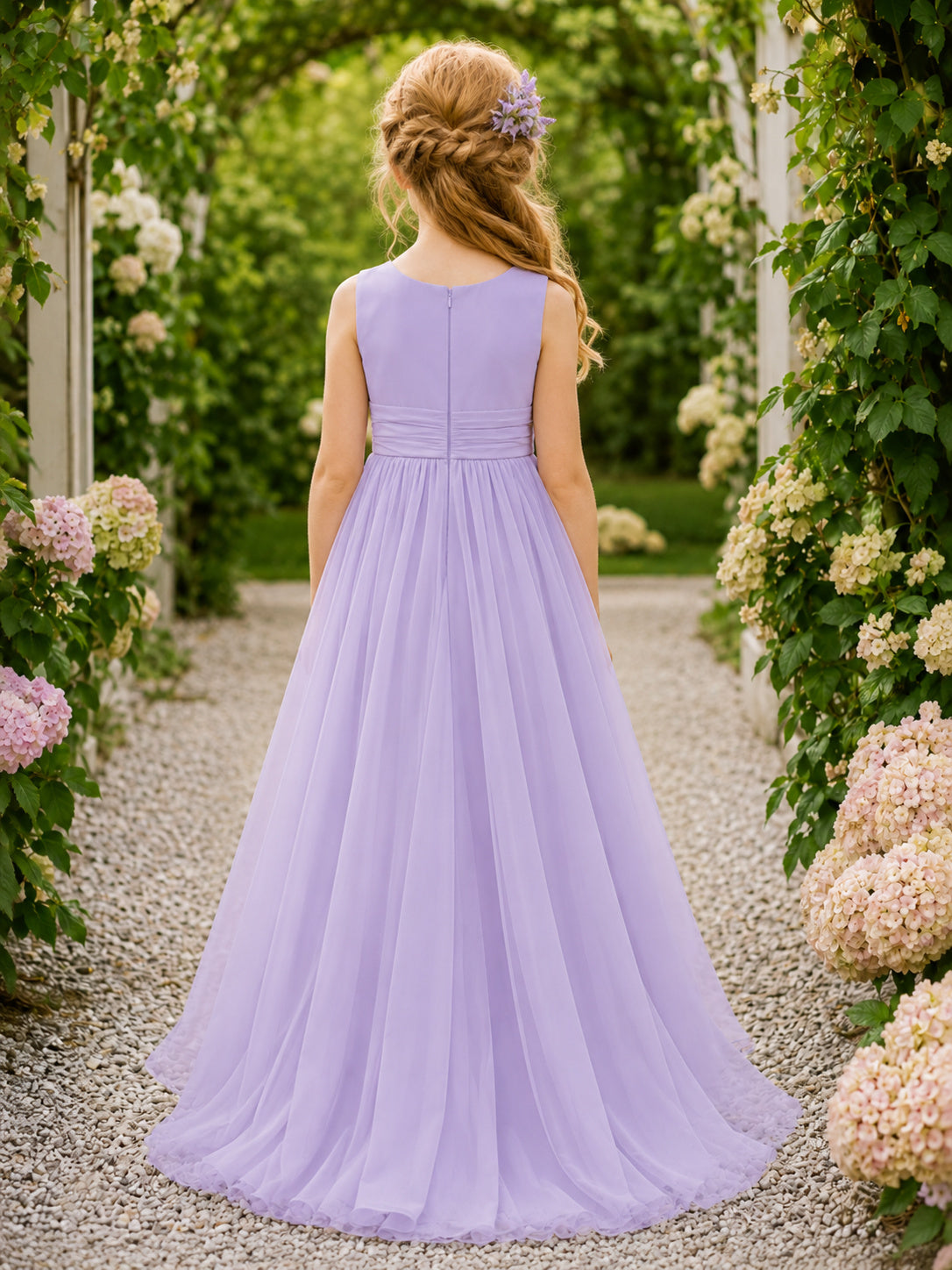 Flower Girl Dress Lavender Tulle A-Line Scoop Neck Floor Length back view