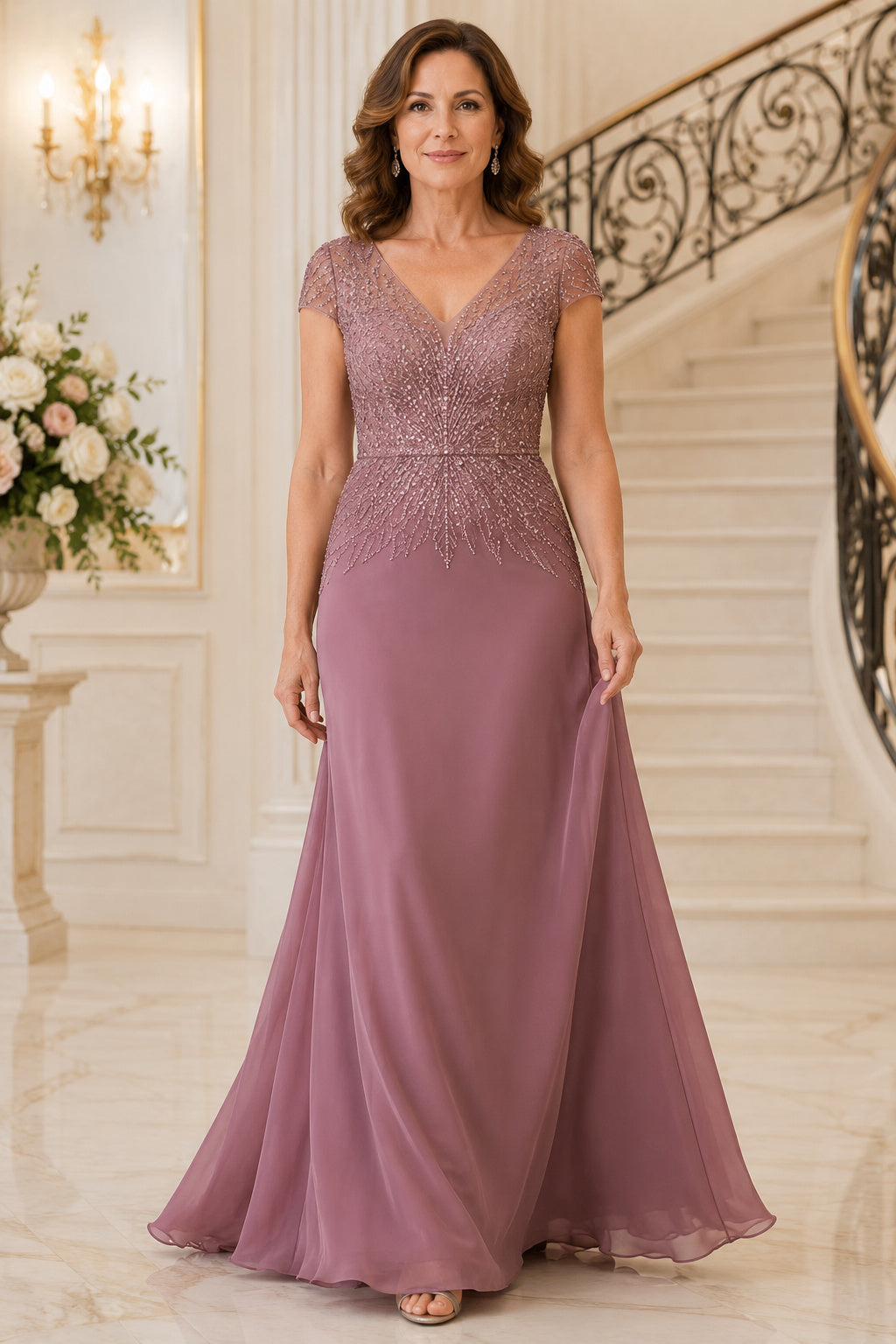 Vintage Mauve Cap Sleeve Chiffon A-Line Mother Dress with Beaded V-Neck Bodice front view