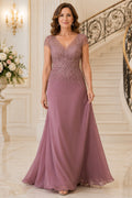 Vintage Mauve Cap Sleeve Chiffon A-Line Mother Dress with Beaded V-Neck Bodice front view