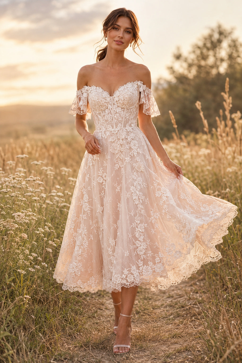 Blushing Pink Off-the-Shoulder Sweetheart Flutter Sleeve Lace Tulle Tea-Length Wedding Dress with Blush Lace Appliques and Mi