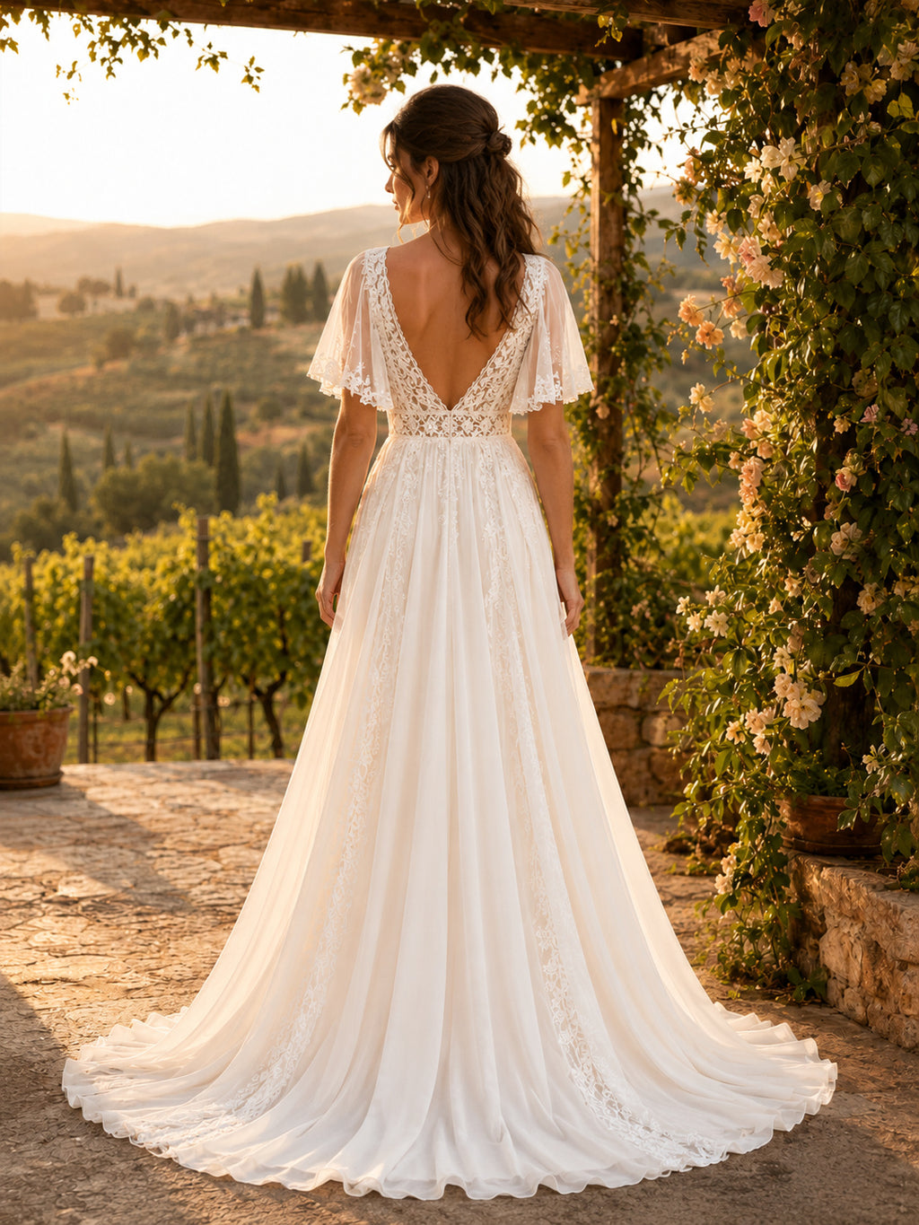 Country Chiffon Wedding Dress A-Line Sweetheart Flutter Sleeve Floor Length with Slit Low V Back Bridal Gown back view