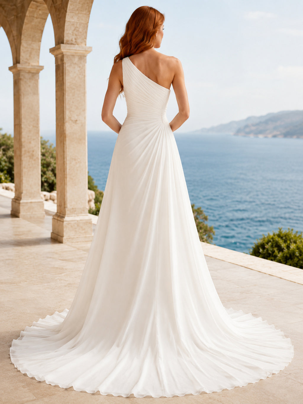 Romantic One-Shoulder Side Draped Chiffon Sheath Chapel Train Wedding Gown back view