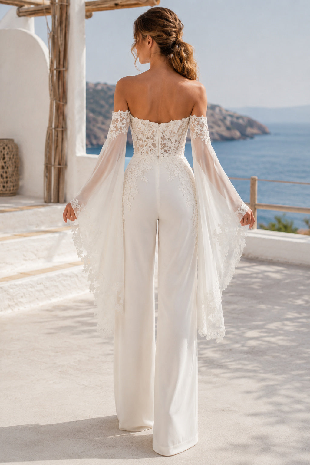 Ivory Off-the-Shoulder Lace Bridal Jumpsuit with Draped Chiffon Sleeves back view