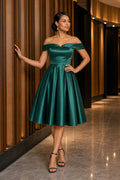 Emerald Off-the-Shoulder A-Line Satin Tea-Length Dress With Pleated Skirt