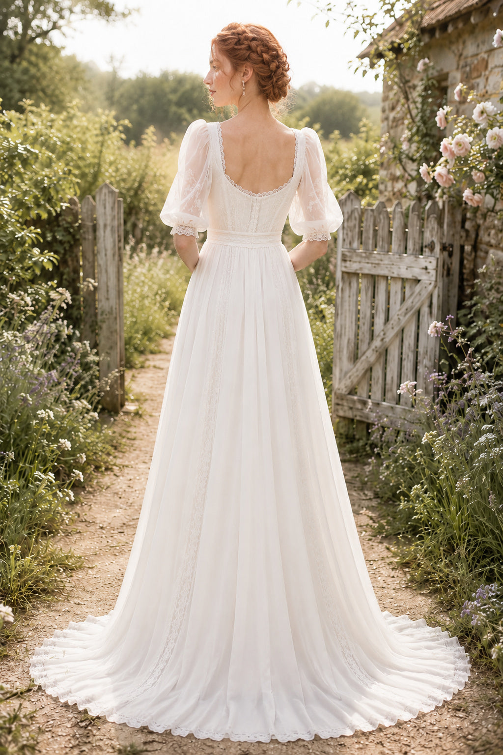 Square Neck Puff Sleeve A-Line Wedding Dress with Lace Bodice and Flowing Tulle Train back view