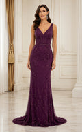 Plum Purple Beaded Evening Gown with V Neckline Lattice Mermaid Dress front view