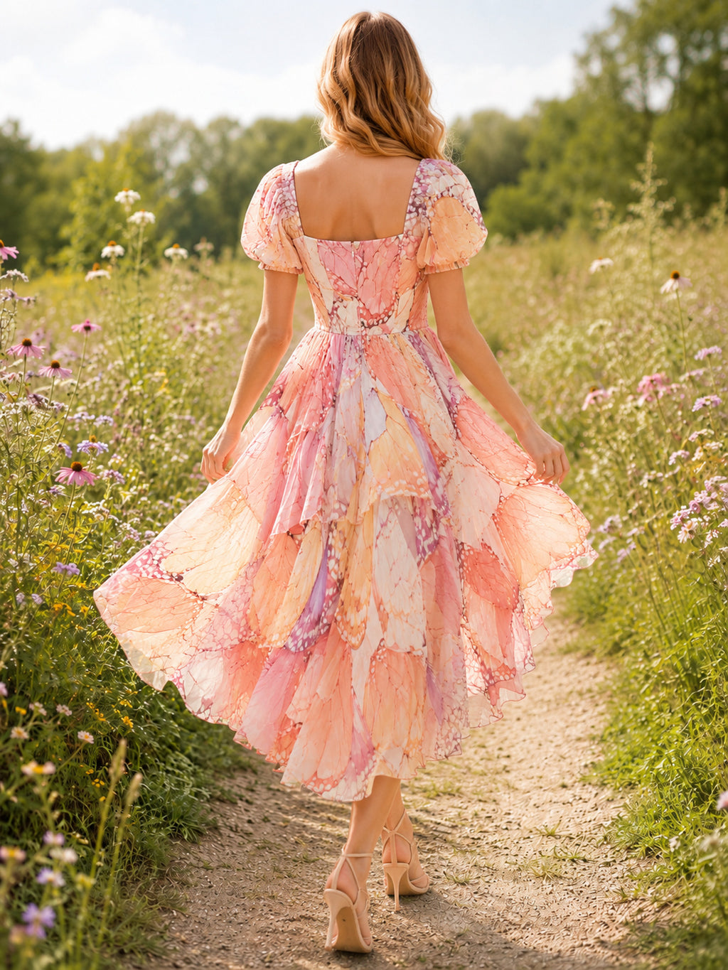 Pastel Butterfly Wing Print Square Neck Puff Sleeve Tea-Length Dress back view