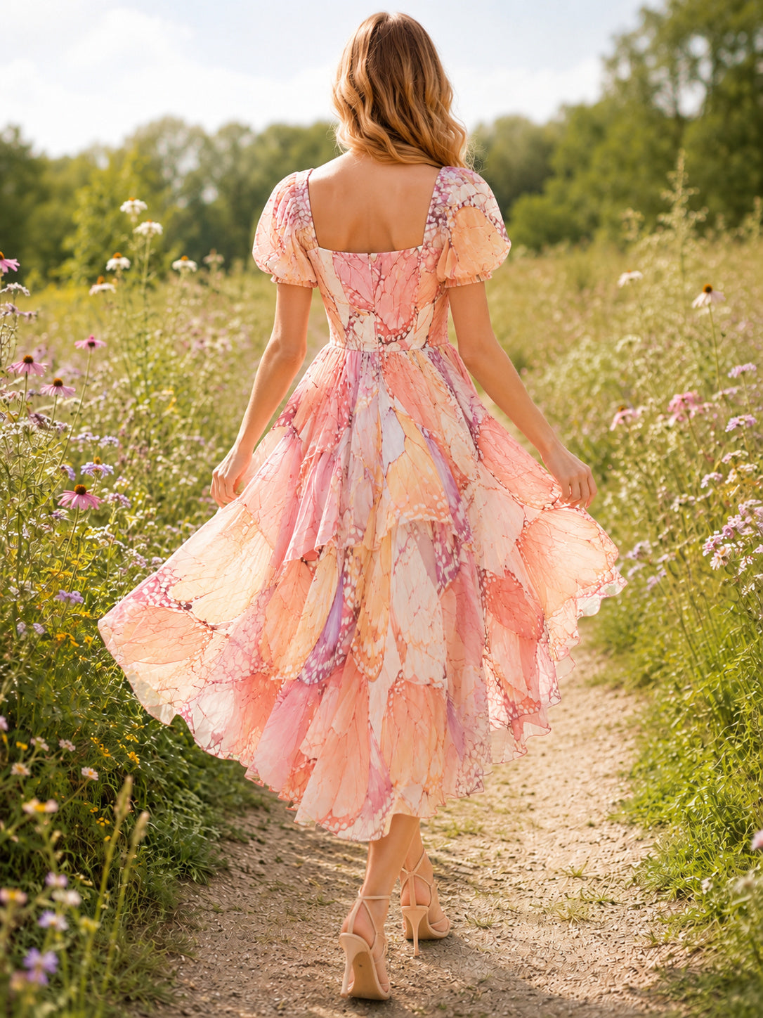 Pastel Butterfly Wing Print Square Neck Puff Sleeve Tea-Length Dress back view