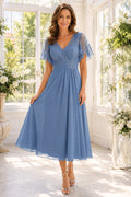Steel Blue Dusty Blue Wedding Guest Sheath Dress Style MG_301568 front view