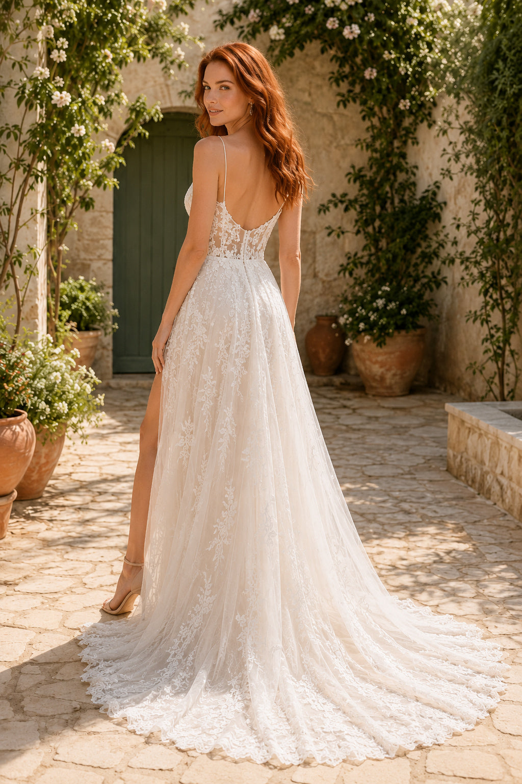Ivory Sexy Spaghetti Neck A-Line Lace Tulle Wedding Dress with Spaghetti Straps and Sweep Train back view