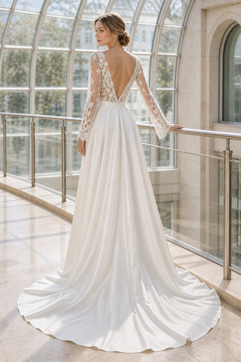 White Bateau Three-Quarter Sleeves A-Line Crepe Floor-length Wedding Dress With Open Back and Lace Bodice and Open Back