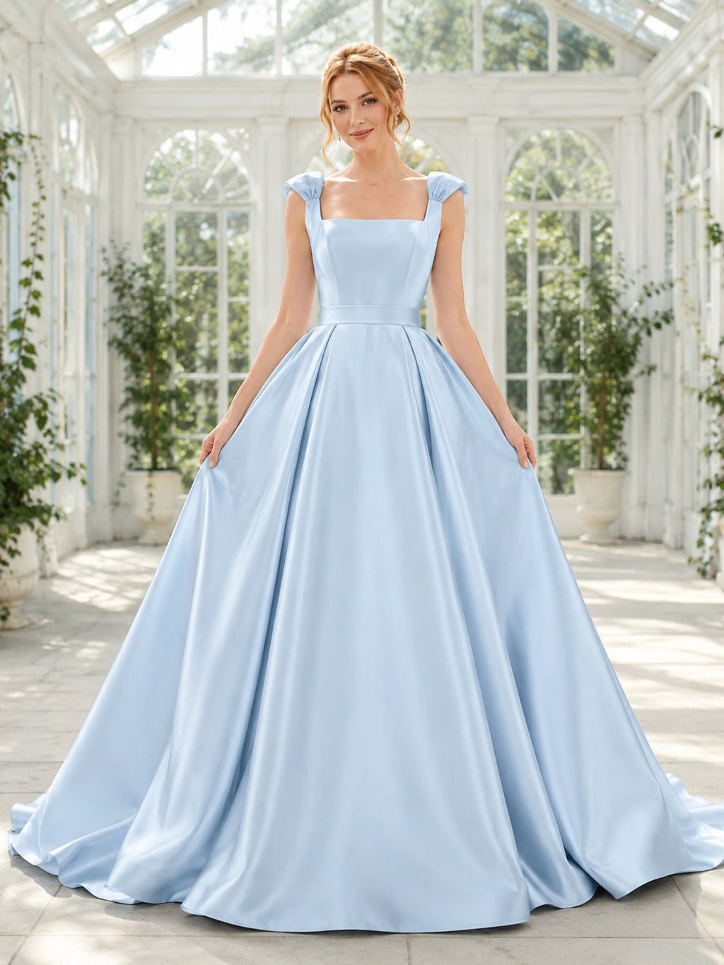 Baby Blue Satin Square Neck Bow Strap Ball Wedding Gown front view