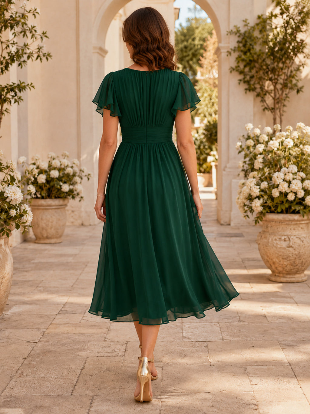 Dark Green Flutter Sleeve Chiffon Cocktail Dress back view