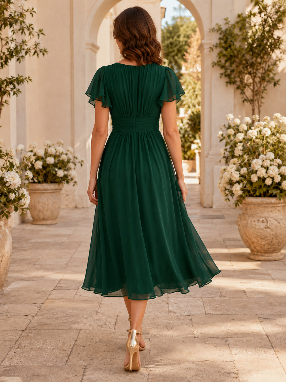 Dark Green Flutter Sleeve Chiffon Cocktail Dress back view