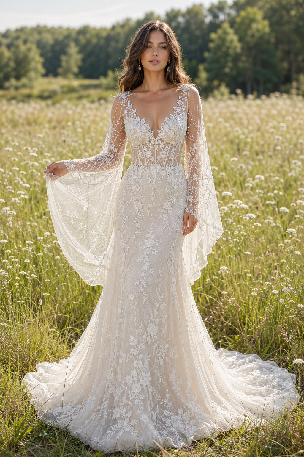 Ivory Long Bell Sleeve V-Neck Lace Mermaid Wedding Dress for Wedding Ceremony and Reception front view