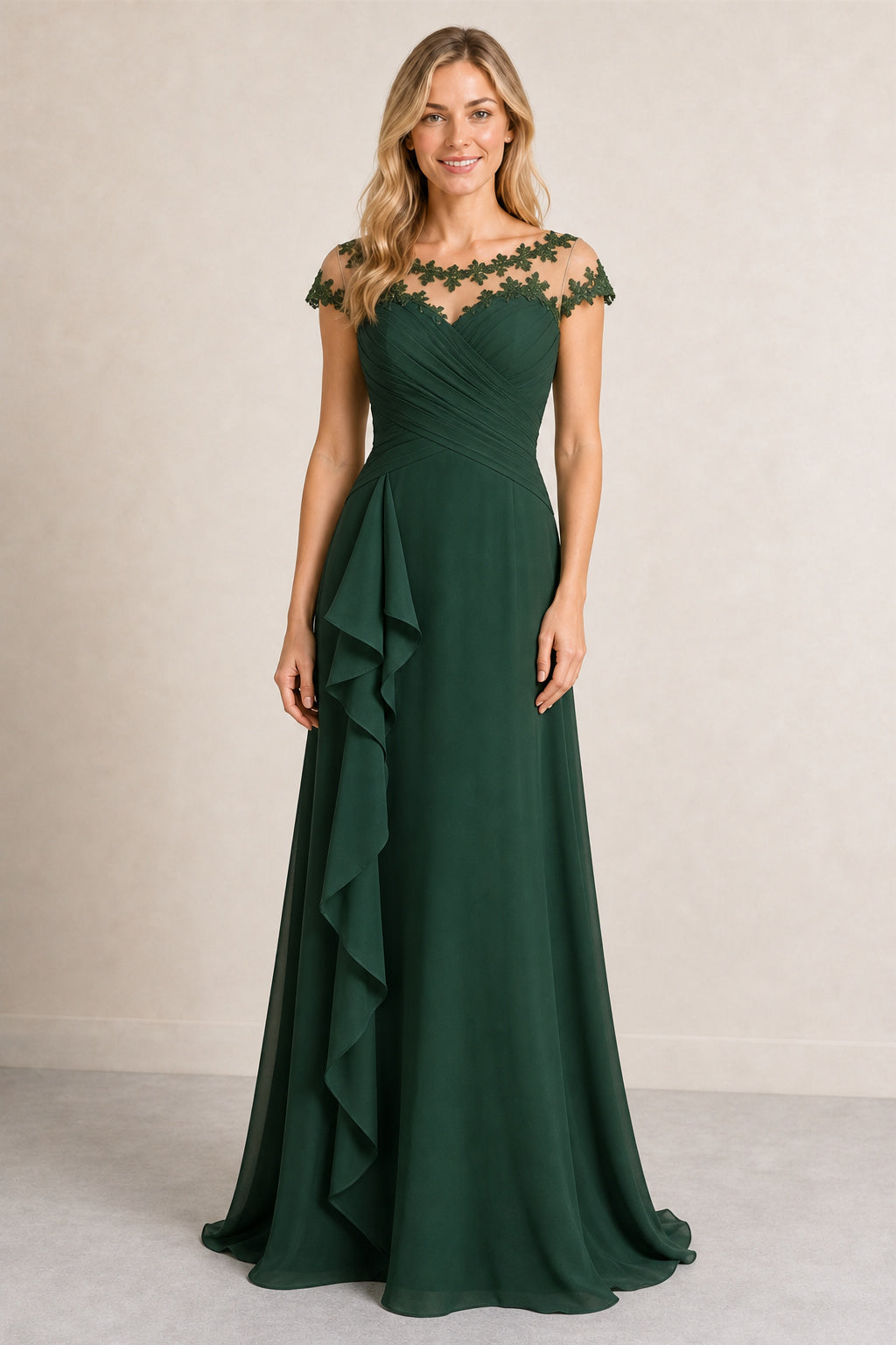 Emerald Bateau Cap Sleeve Sheath Chiffon Floor-Length Dress With Lace Bodice