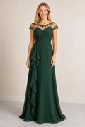 Emerald Bateau Cap Sleeve Sheath Chiffon Floor-Length Dress With Lace Bodice